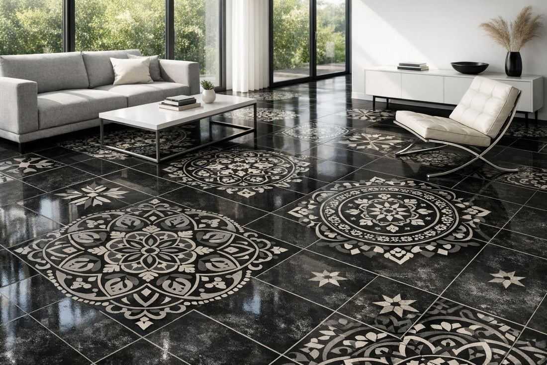 Enhance Spaces with Hydraulic Black Tile Artistic Designs - Zicana Boutique