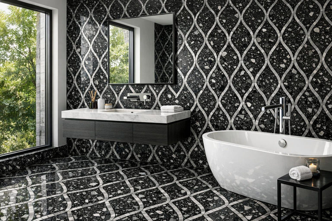 Enhance Spaces with Juvalis Nero Diamond Terrazzo Mosaic - Zicana Boutique
