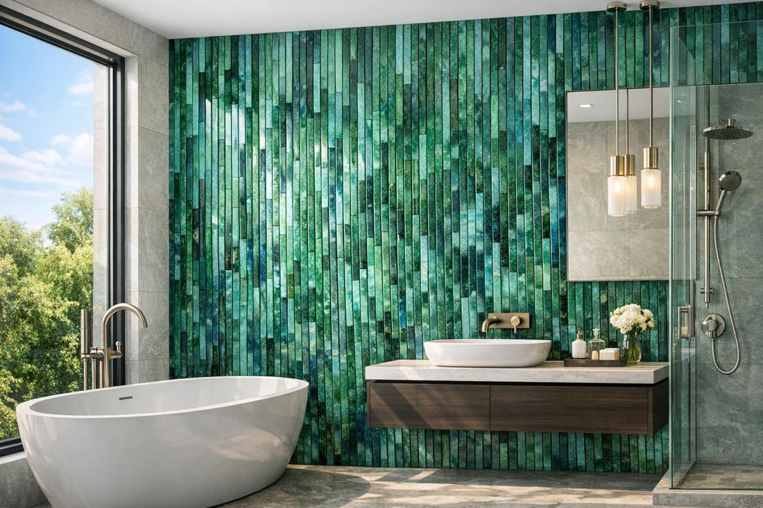 Enhance Spaces with Linear Groove Emerald Marble Mosaic - Zicana Boutique