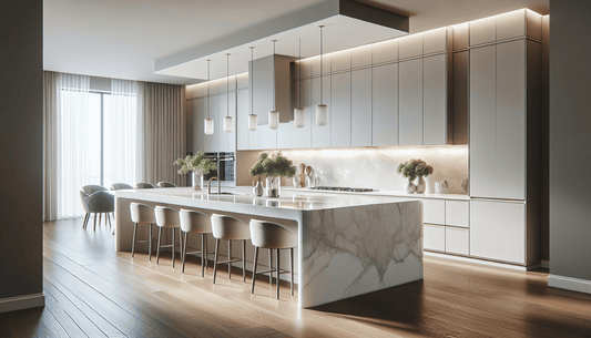 Enhance Waterfall Kitchen Islands with Quartz White Countertops - Z Boutique by Marble Couture