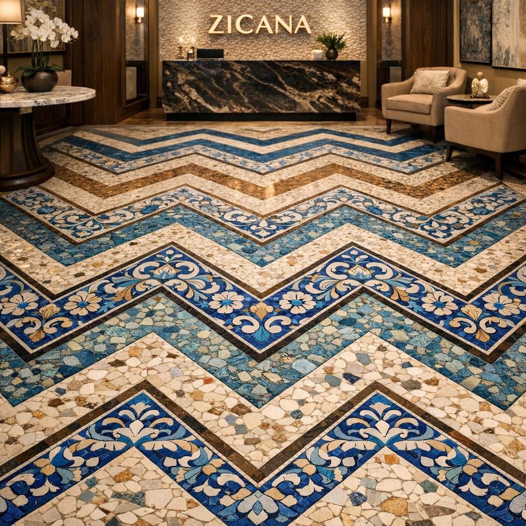 Explore Azulejo River Chevron Terrazzo Mosaic at Zicana Boutique - Zicana Boutique
