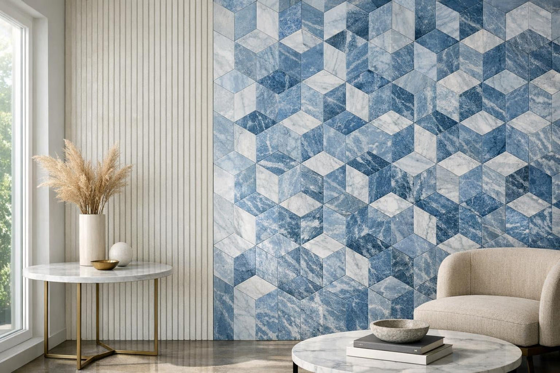 Explore Linear Groove Dolomite and Blue Celest Marble Mosaics - Zicana Boutique