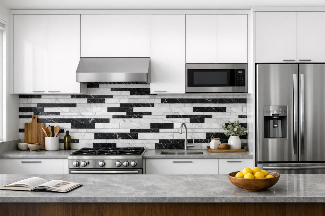 Linear Groove Carrara & Nero Marquina Marble Mosaic Guide - Zicana Boutique