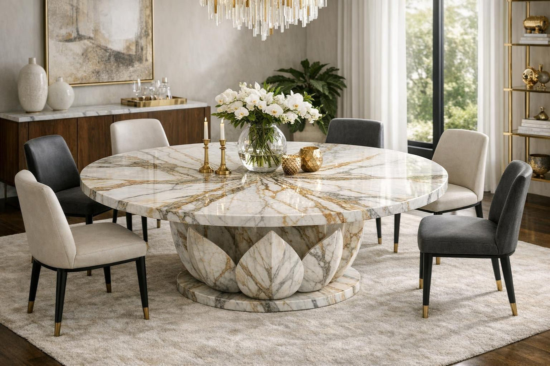 Lotus Round Dining Table: Marble Couture for Luxe Spaces - Zicana Boutique