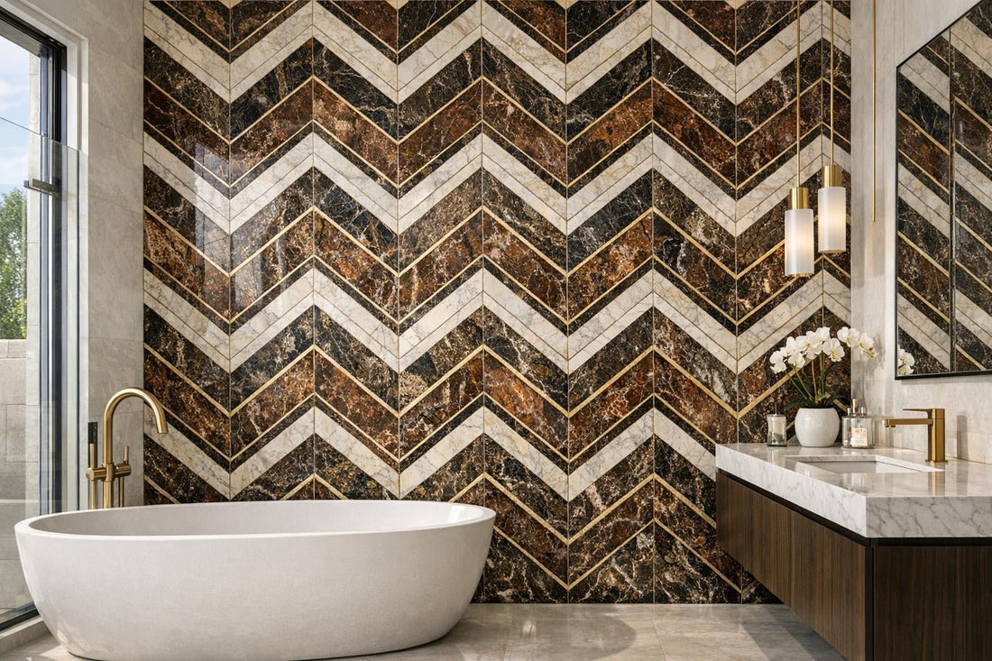Stunning Transia Laurent Chevron Marble Mosaics by Zicana Boutique - Zicana Boutique