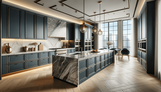 Taj Mahal Quartzite With Blue Cabinets Elevates Luxury Design - Zicana Boutique