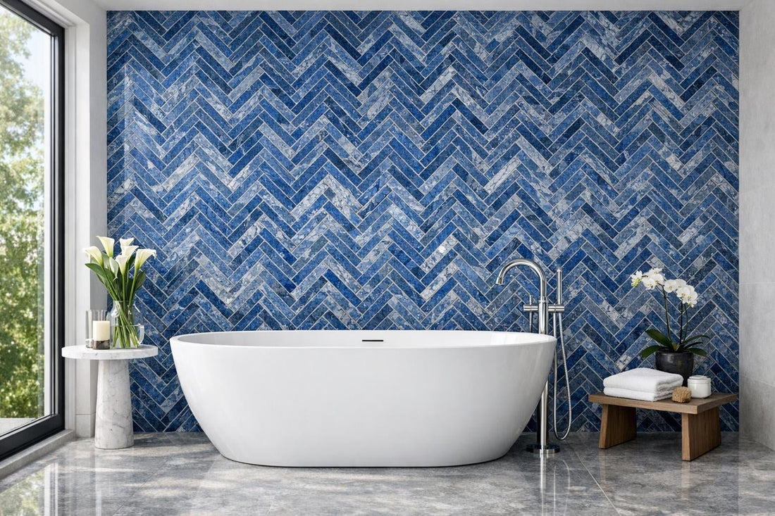Thin Herringbone Blue Marble Mosaic: Luxurious Artistic Tile Insights - Zicana Boutique
