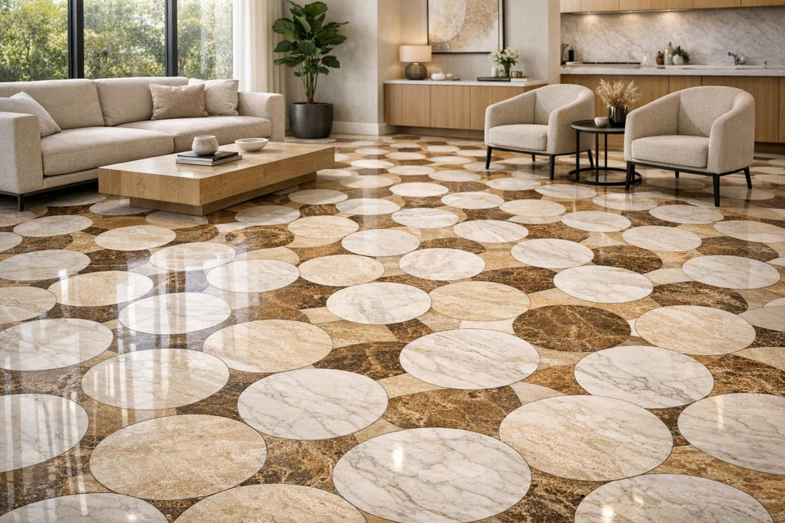 Transform Spaces with Astra Desert Round Checkered Waterjet Tile - Zicana Boutique