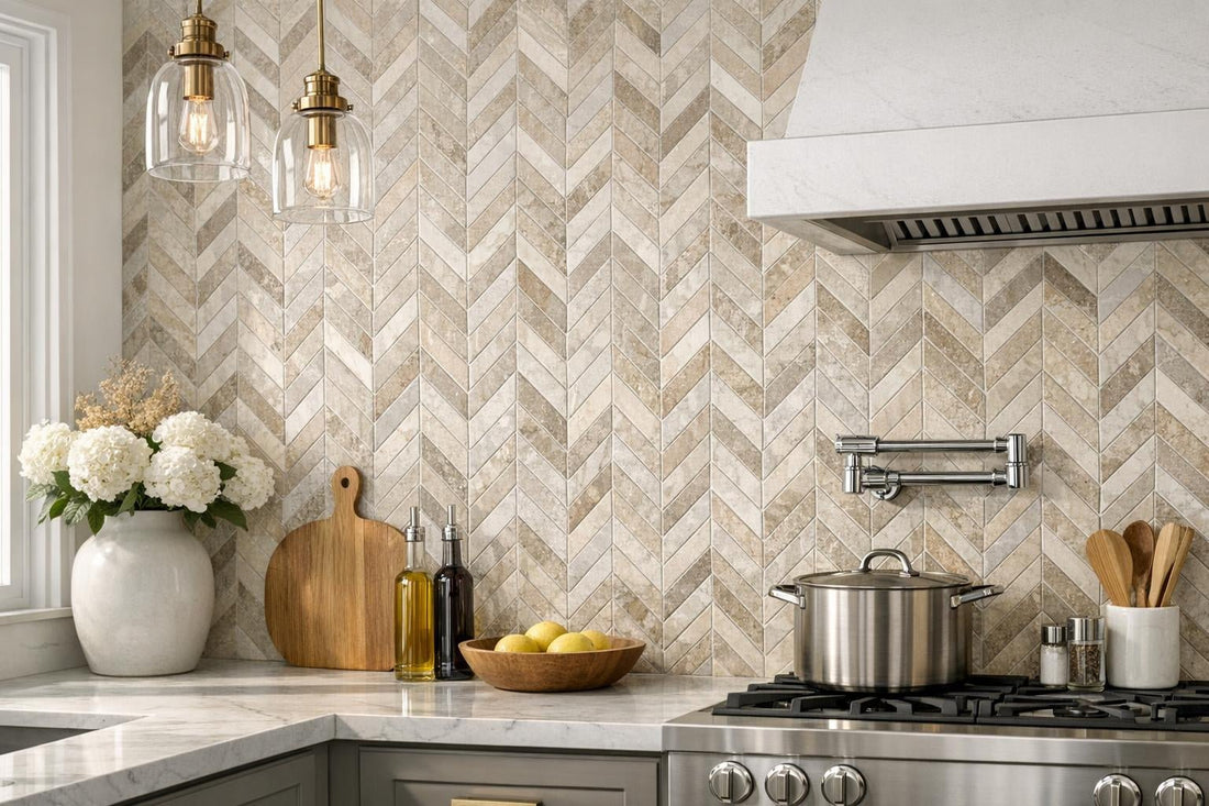 Transform Spaces with Azulejo Sand Chevron Marble Mosaics - Zicana Boutique
