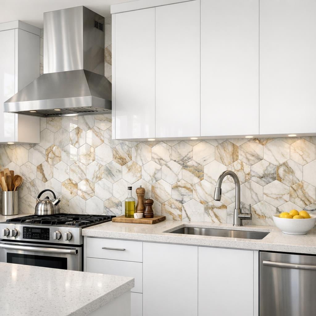Transform Spaces with Calacatta Oniciatta Hexagon Marble Tiles - Zicana Boutique