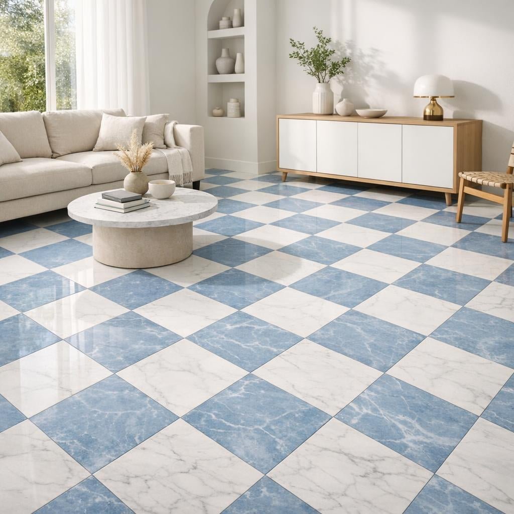 Transform Spaces with Checkerboard Blue Celest and Thassos Marble - Zicana Boutique