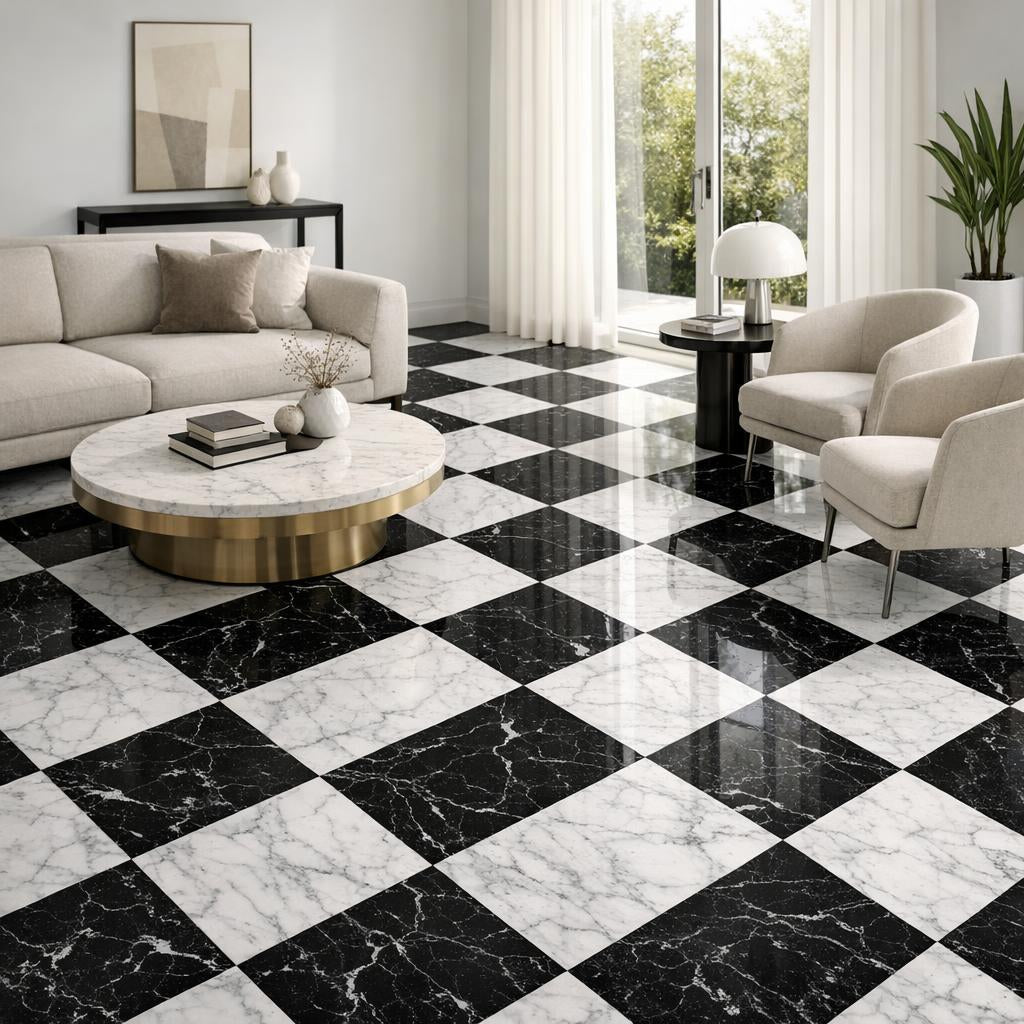 Transform Spaces with Checkerboard Carrara and Nero Marquina Marble - Zicana Boutique