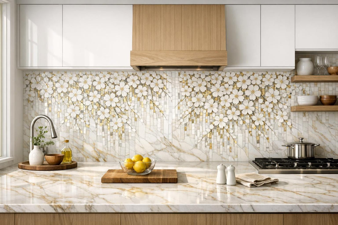 Transform Spaces with Sakura Falls Calacatta Gold Mosaic Tile - Zicana Boutique