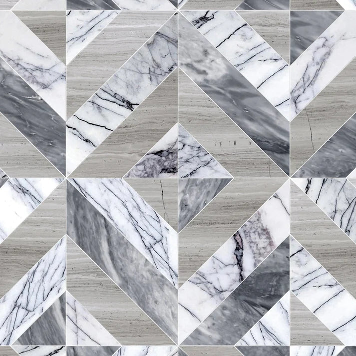 Azulejo Grigio Chevron Marble Waterjet Mosaic Zicana Boutique - Zicana Boutique - 1