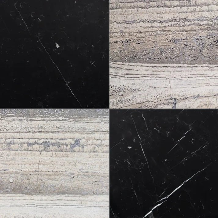 Checkerboard Silver Travertine and Nero Marble Field Tile 12''x12'' Zicana Boutique - Zicana Boutique - 1