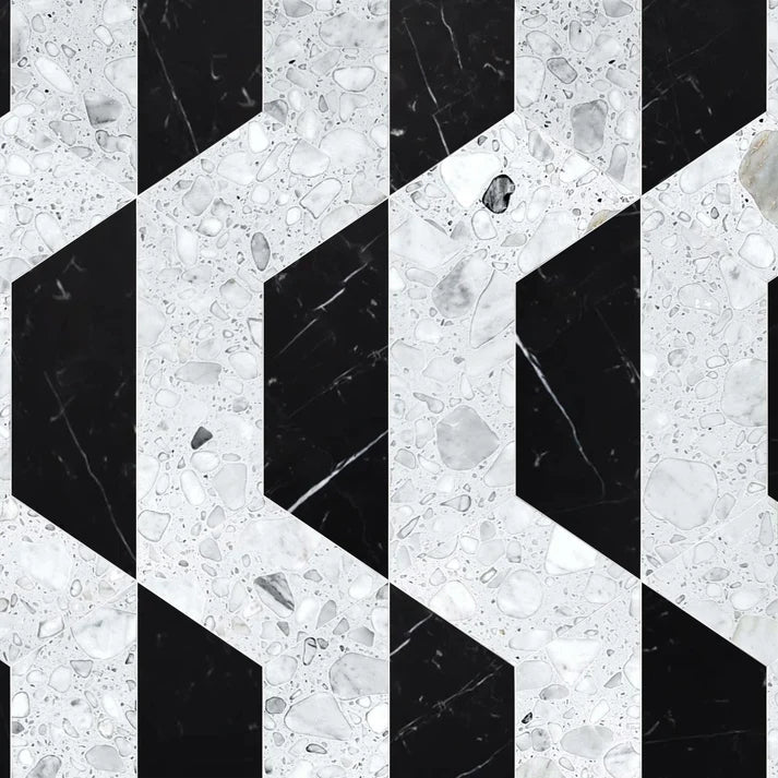 Micro Criona Marquina Trapezoid Terrazzo Waterjet Tile Zicana Boutique - Zicana Boutique - 1