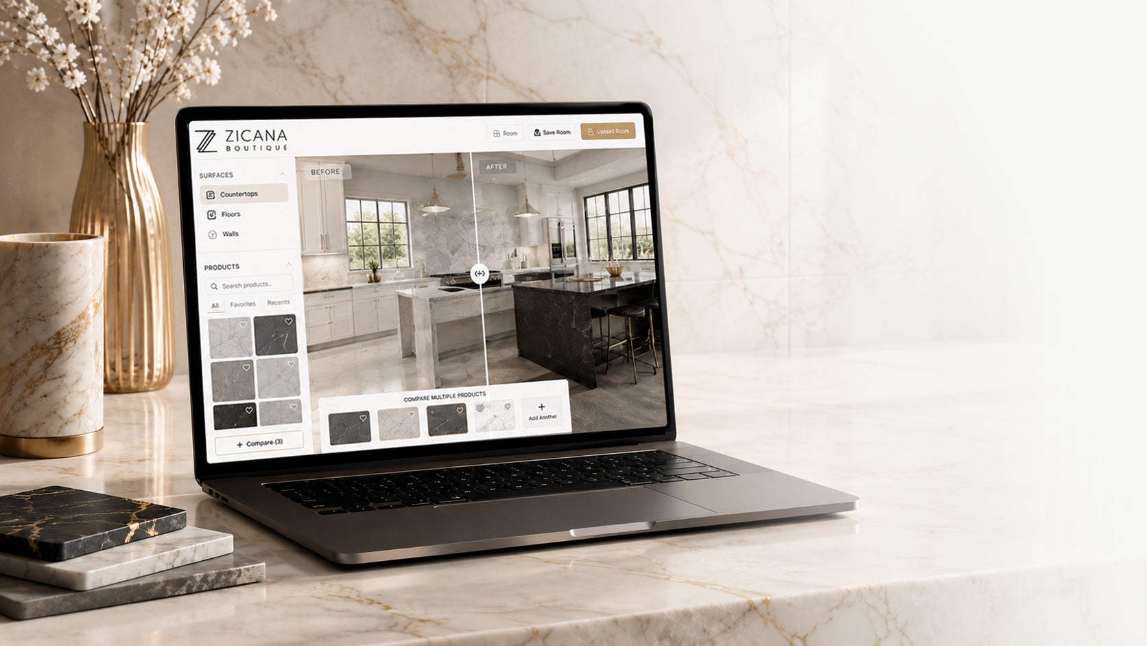 Zicana Boutique visualizer laptop on marble countertop